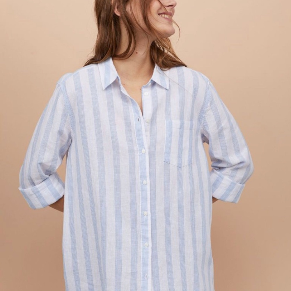H&M STRIPED LINEN BUTTON UP